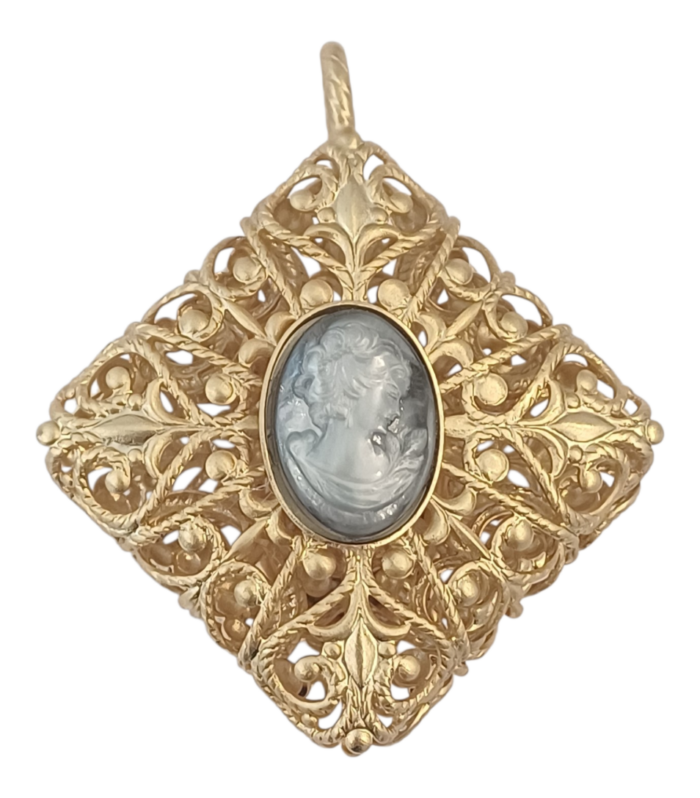 Pouff-Anhänger Gold mit perlgrauer Kamee