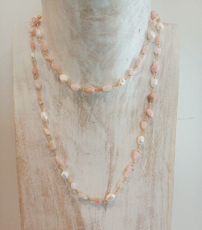 Rosary necklace mix Pink jade and river pearls