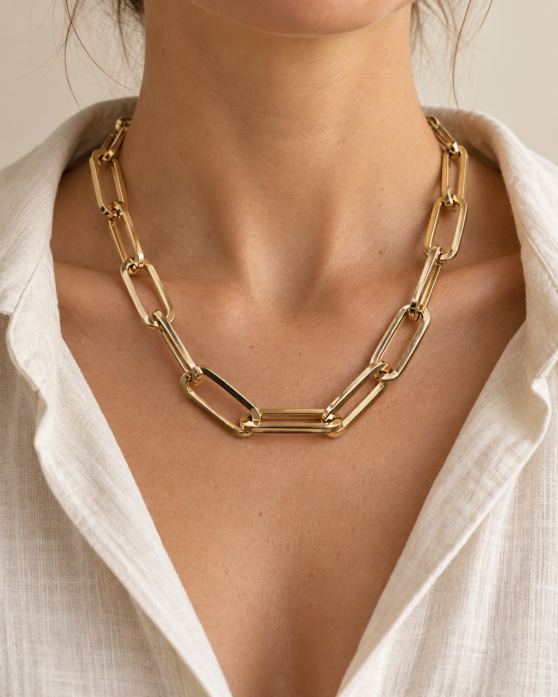 Collana Vulcano dorata indossata sul décolleté